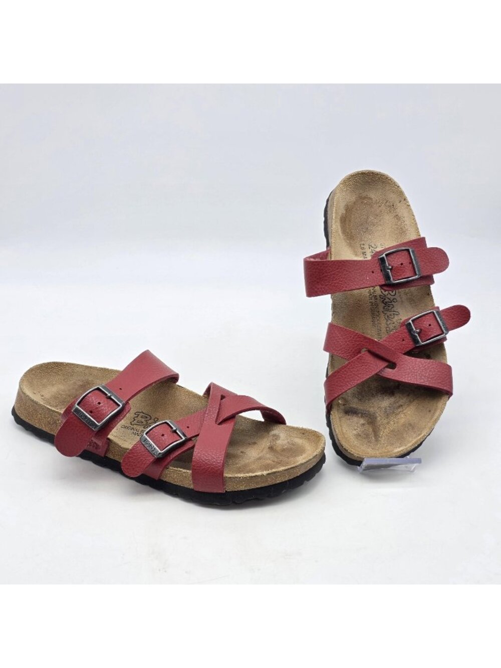 Birkenstock Birki's Sandals 37 Womens US 6 M Red Leather Strappy Slides Cork